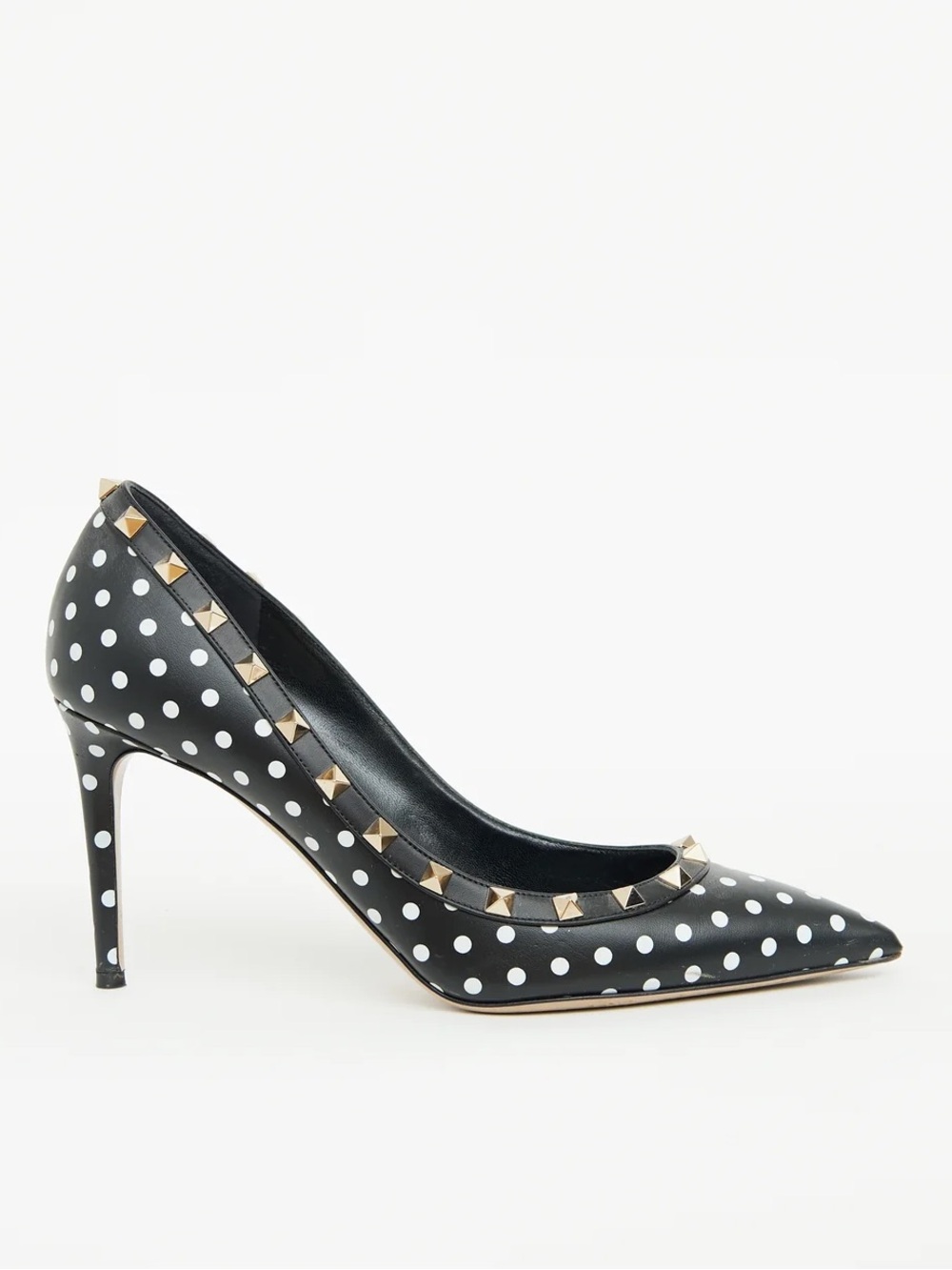Valentino Rockstud Studded Polkadot Pointed Toe Black Leather Pump Heels